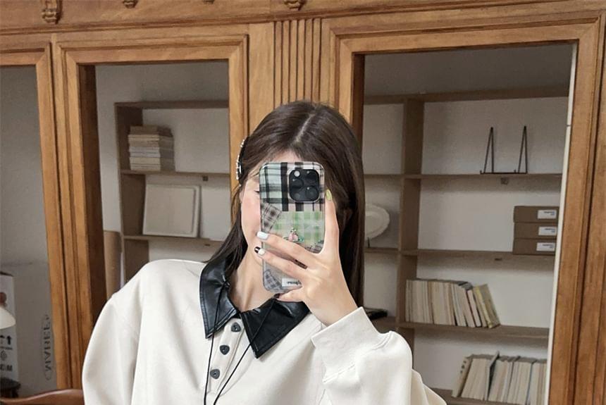 Contrast Collar Faux Leather Panel Sweatshirt / Drawstring Waist Mini A-Line Skirt Product Image