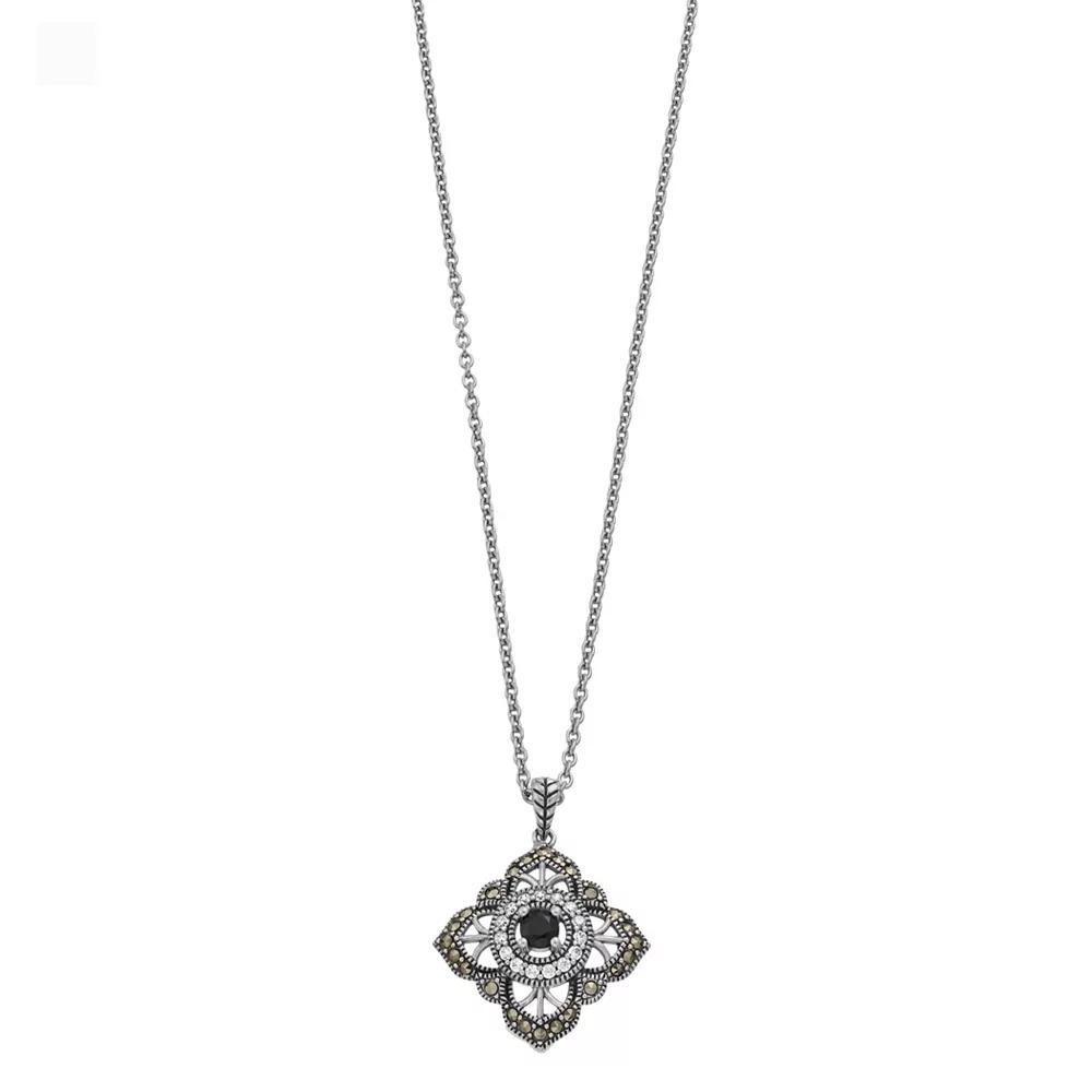 Lavish by TJM Sterling Silver Black Spinel, Marcasite & Cubic Zirconia Accent Filigree Pendant Necklace, Women's, Size: 18" Product Image