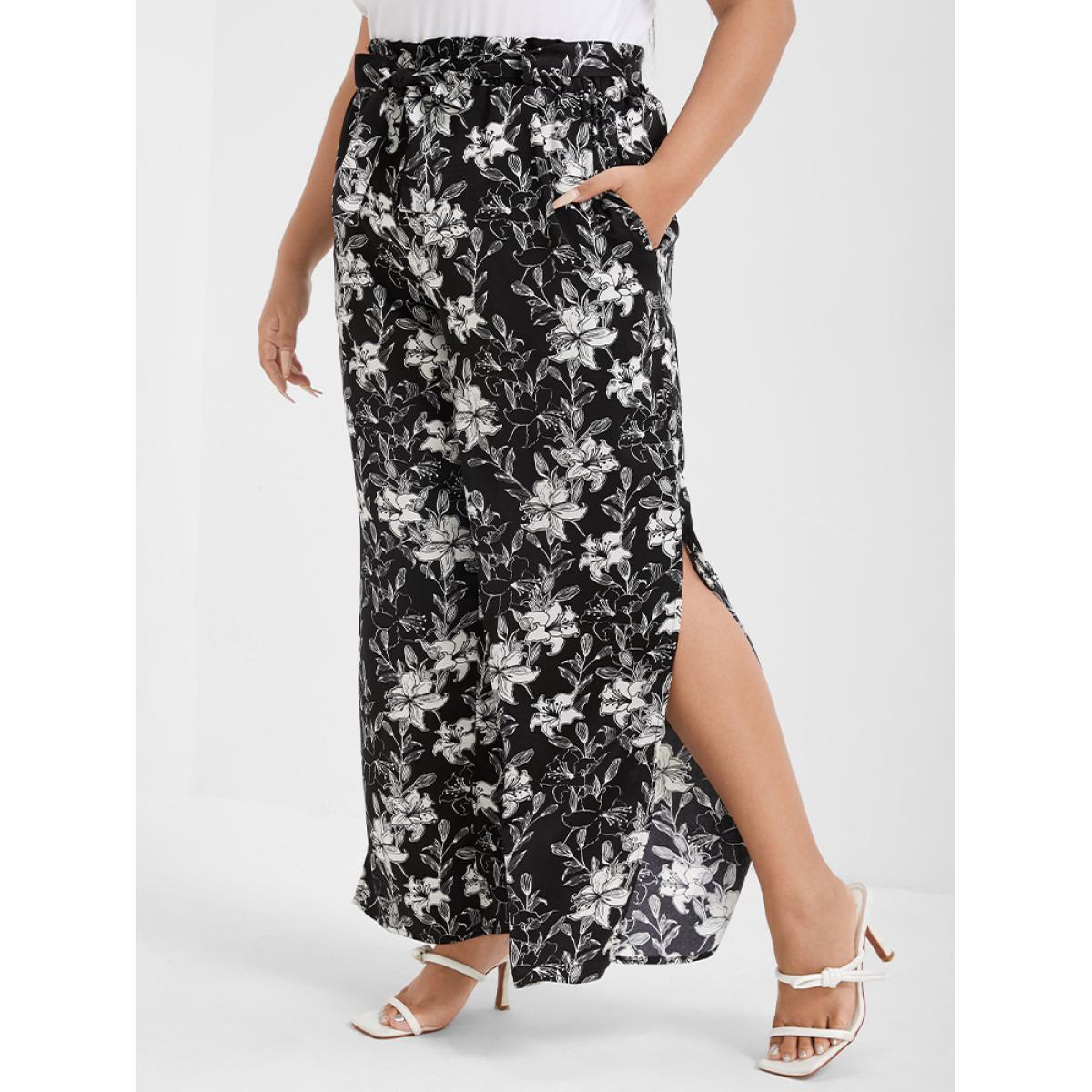 Plus Size Floral Print Pocket Split Straight Pants Women Black Elegant Wide Leg High Rise Dailywear Pants BloomChic 16/1X Product Image