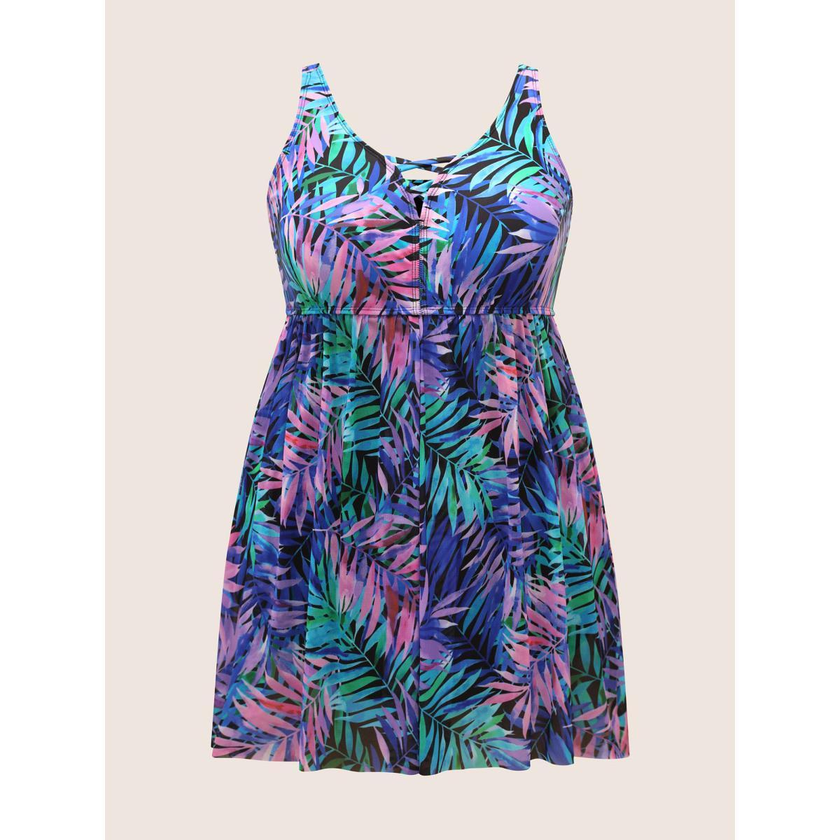 Plus Size Tropical Print Crisscross Split Hem Swim Dress Women's Swimwear Multicolor Beach Bodycon Heart neckline High stretch Curve Swim Dresses BloomChic 22-24/3X Product Image