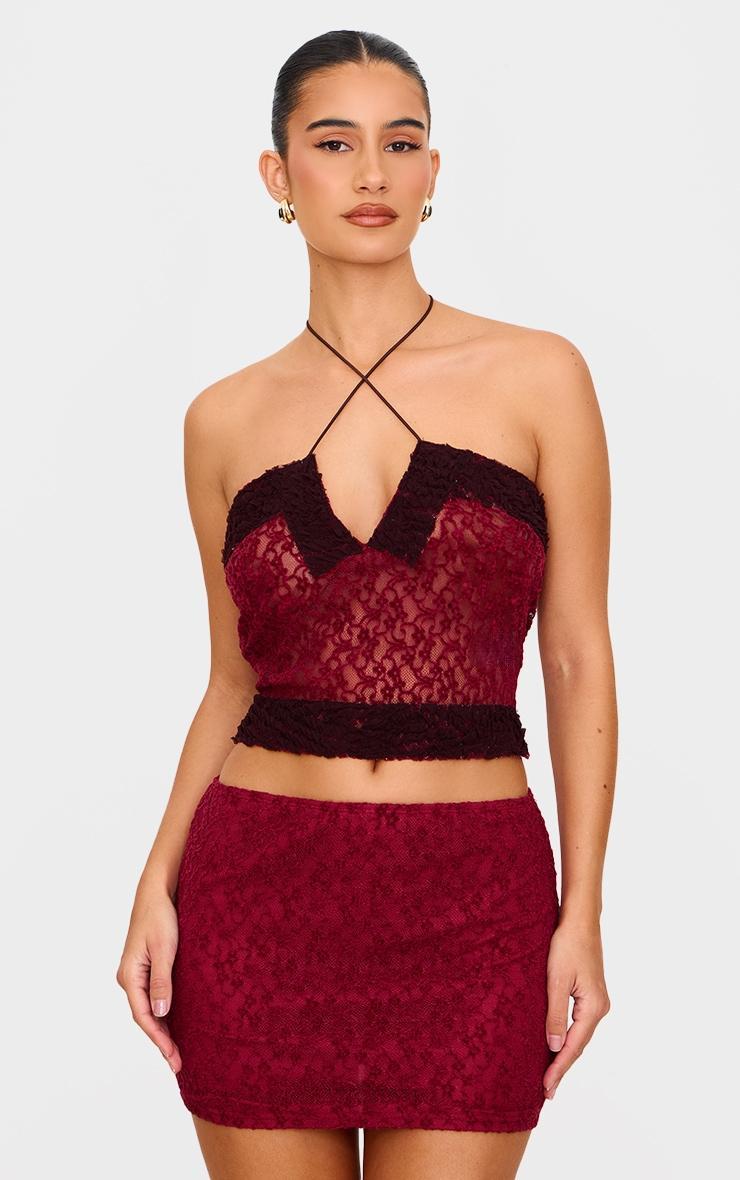 Burgundy Lace Textured Mini Skirt Product Image