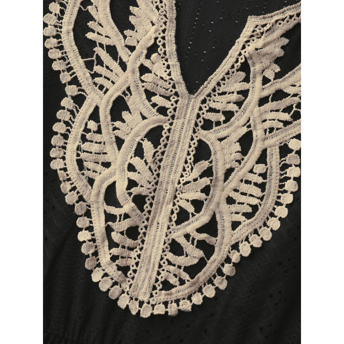 Plus Size Textured Floral Lace Neck Long Tank Top Women Black Overlapping Flat collar with V-notch Everyday-Elegant Tank Tops Camis BloomChic 12/L Product Image
