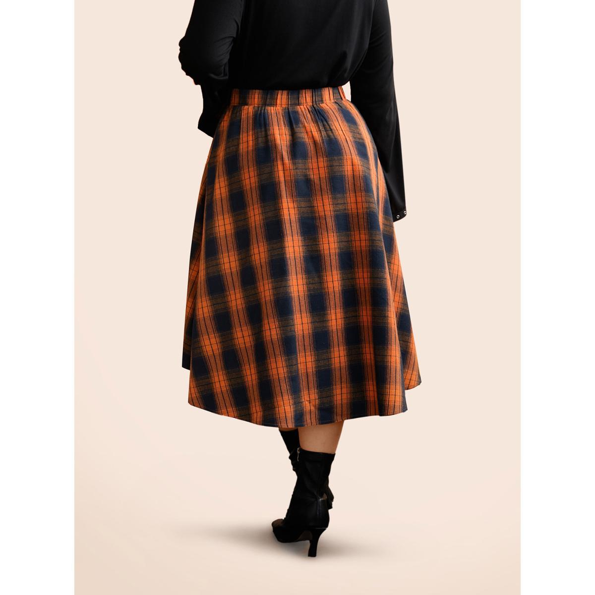 Plus Size Plaid Waist Tie A-Line Skirt Women Brightorange Elegant Tie knot No stretch Slanted pocket Belt Everyday Skirts BloomChic 18-20/2X Product Image