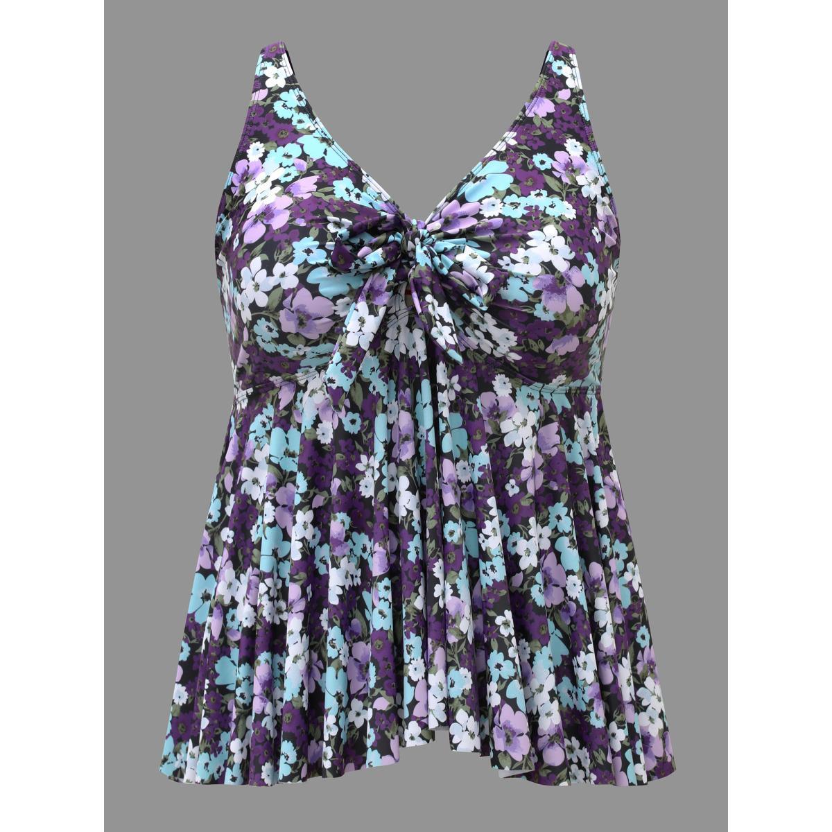 Plus Size Ditsy Floral Ties Adjustable Ruched Swim Top Women's Swimwear Eggplant Beach Tie knot High stretch Bodycon V-neck Curve Swim Tops BloomChic 18-20/2X Product Image