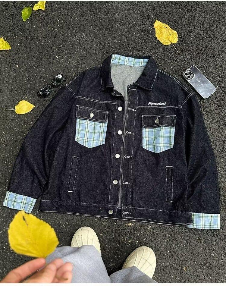 Plaid Panel Lapel Button Down Denim Jacket Product Image