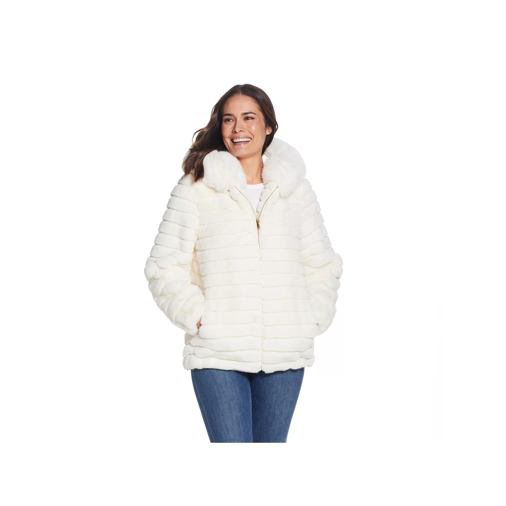 Women's Gallery Hooded Grooved Faux-Fur Jacket, Size: XL, Ivory Product Image