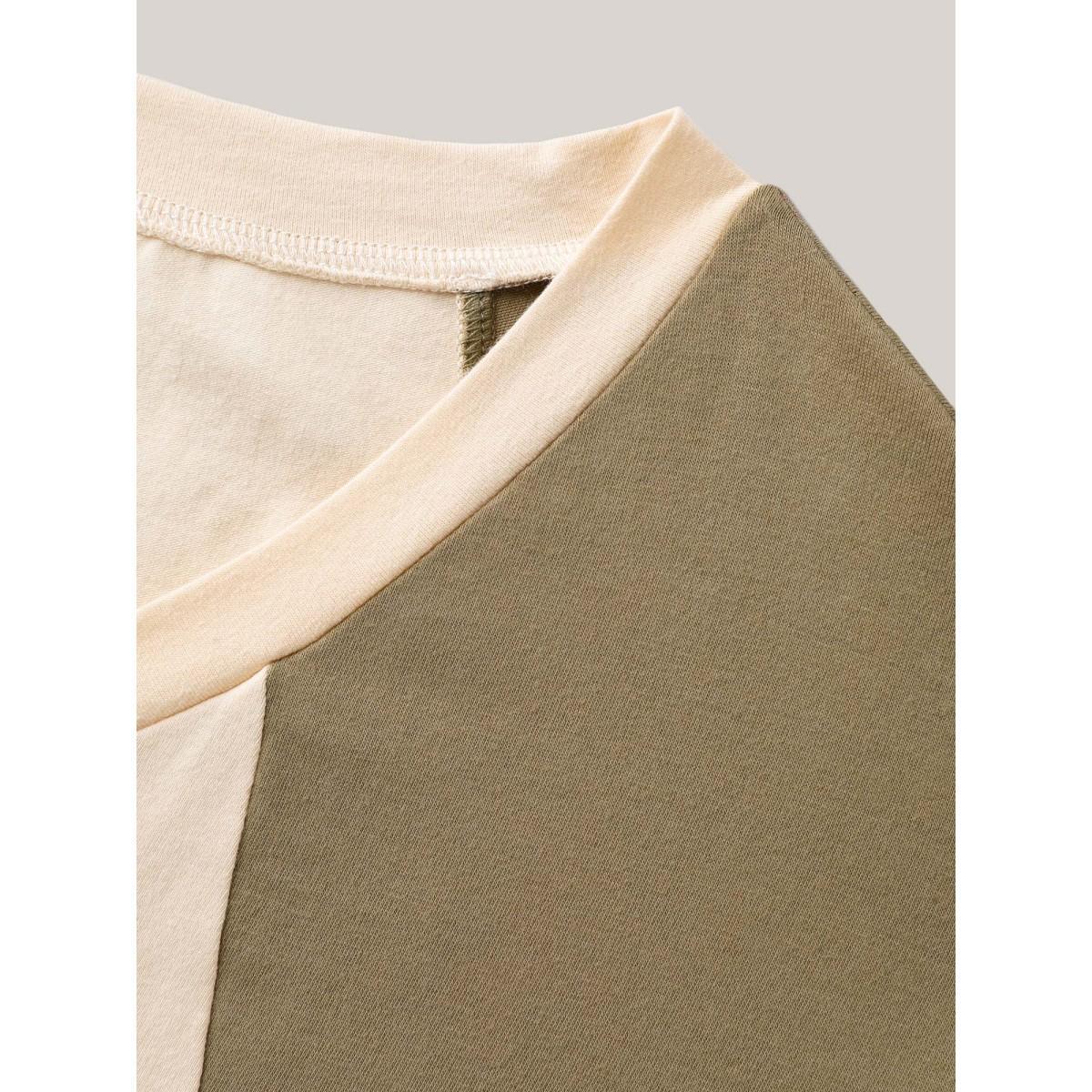 Plus Size Pure Cotton Color Contrast T-Shirt Apricot Women Contrast V-neck Vacation T-shirts BloomChic 10/M Product Image