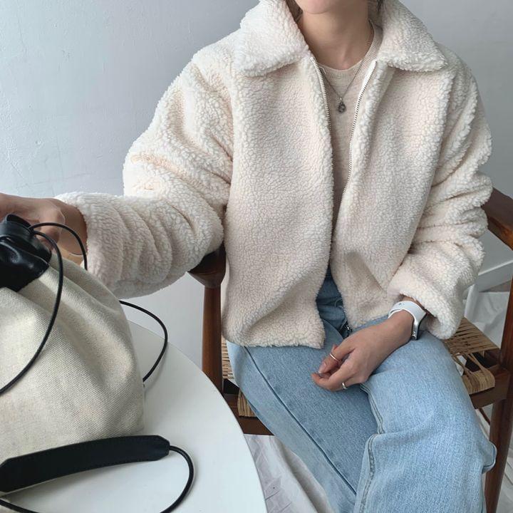 Collar Plain Fleece Zip Jacket Product Image