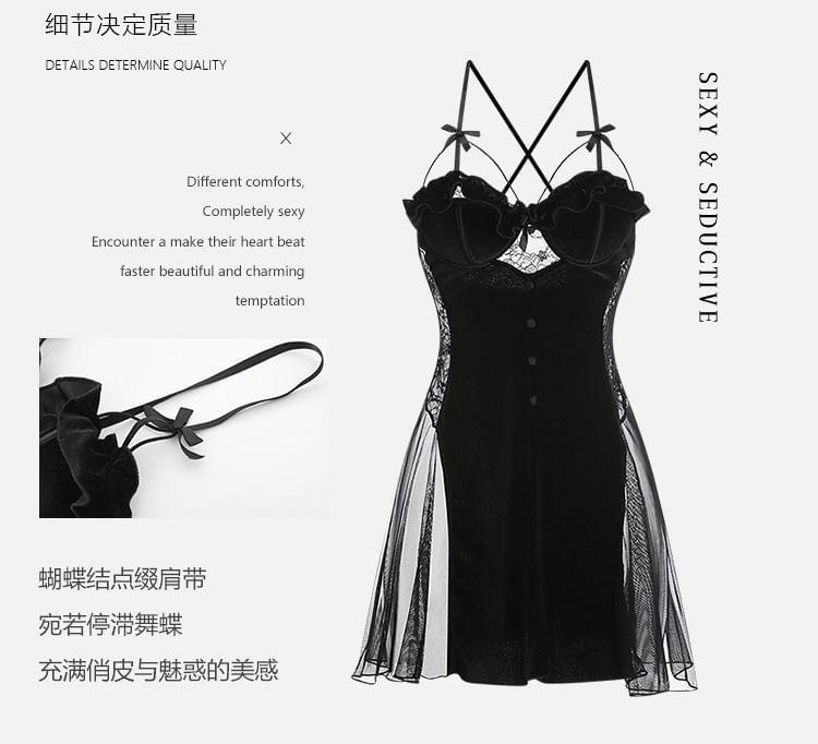 Spaghetti Strap Lace Panel Bow Accent Frill Trim Velvet Nightdress / Pajama Robe / Set Product Image