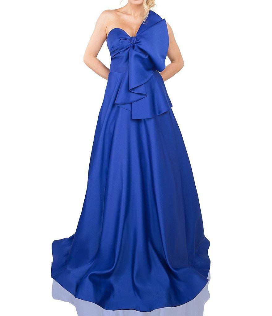 Terani Couture Stretch Matte Satin One Shoulder Sleeveless Bow Front Gown Product Image
