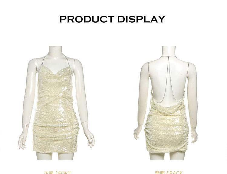 Halter Cowl Neck Ruched Sequin Mini Bodycon Dress Product Image