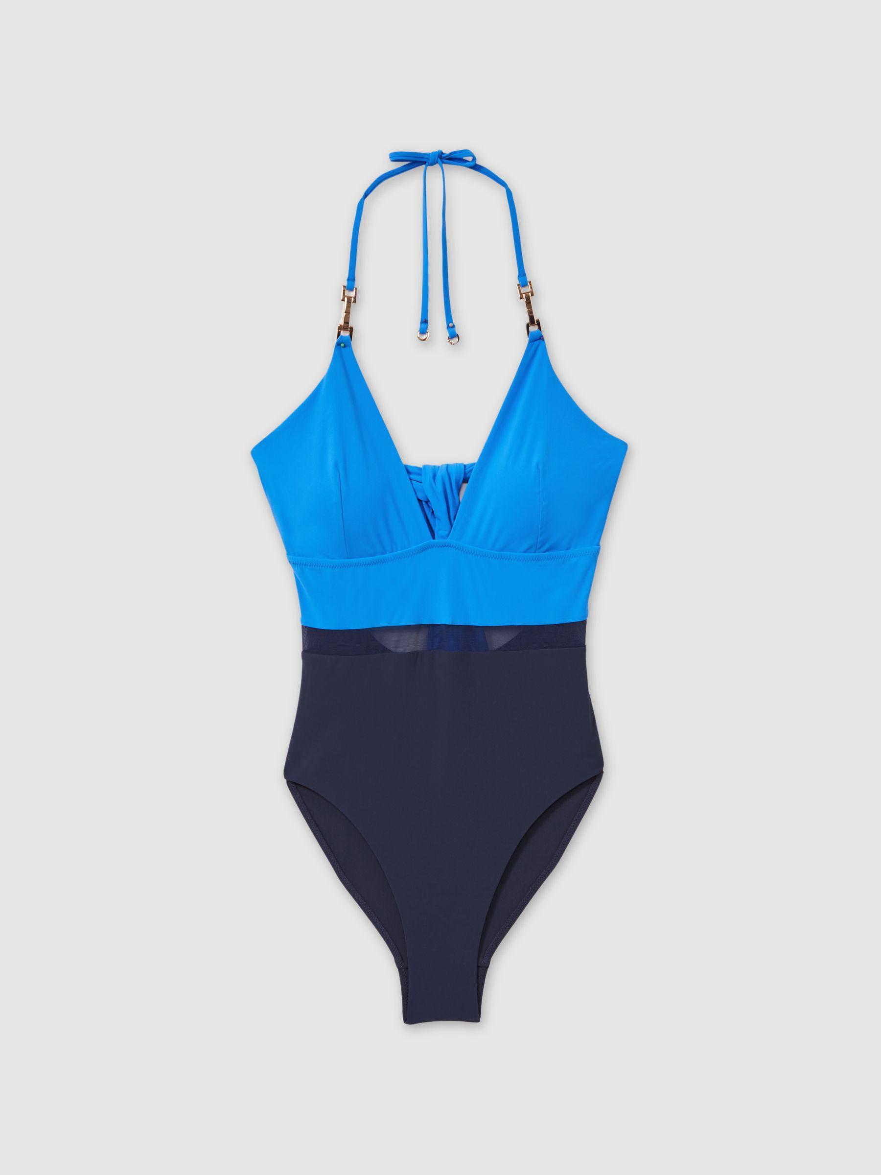 Daisy Blue/Navy Colourblock Halter Tie Back Swimsuit Product Image