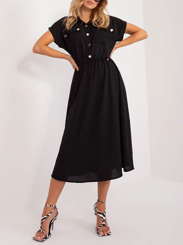 A-Line High Waisted Buttoned Pleated Solid Color Lapel Midi Dresses Product Image