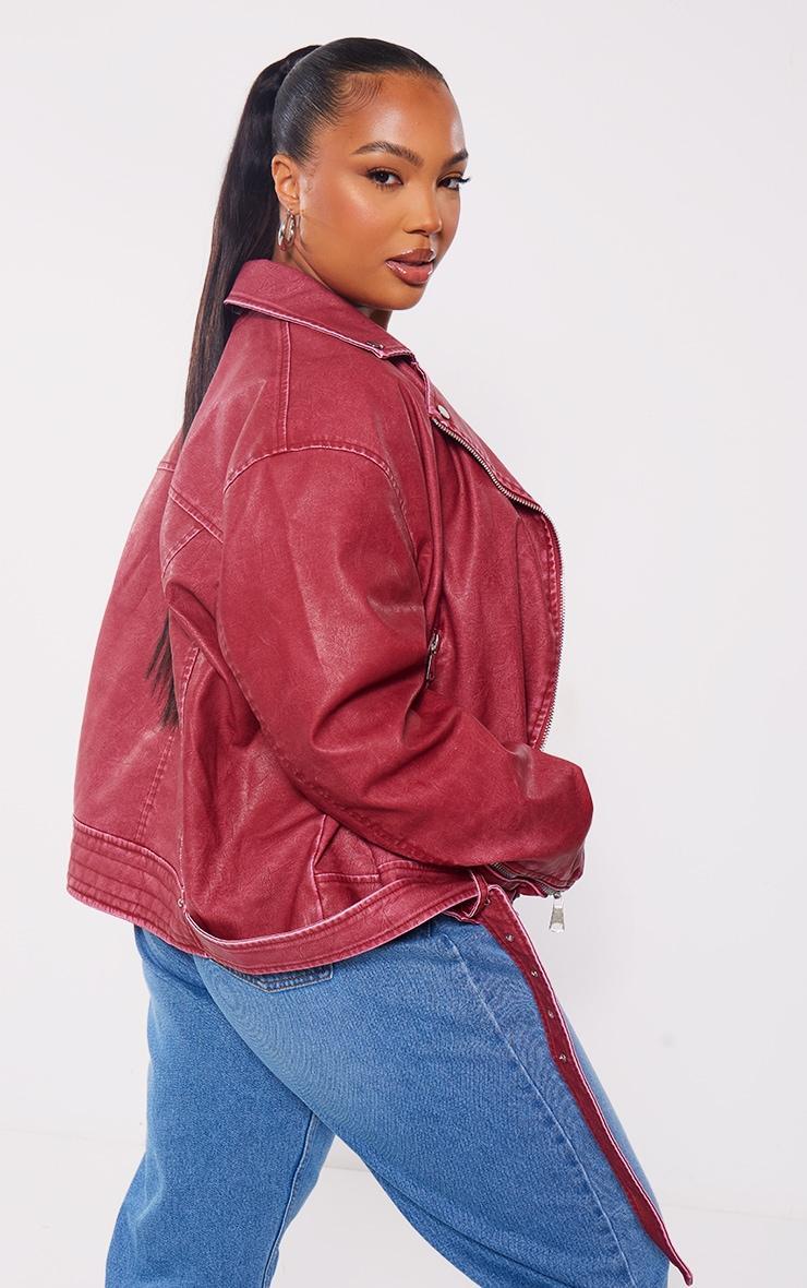 Plus Cherry Red Vintage Faux Leather Oversized Zip Up Biker Jacket Product Image