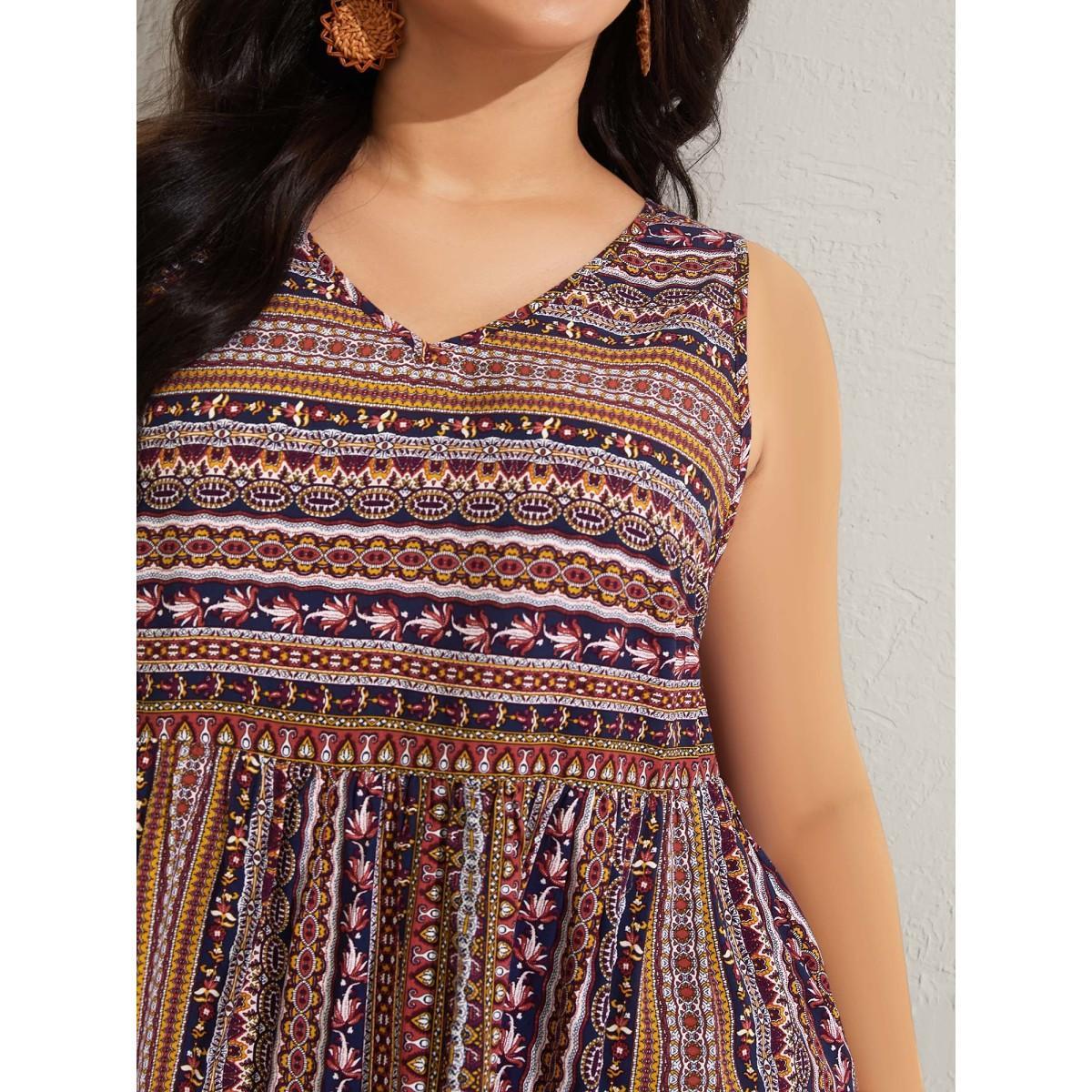 Plus Size Boho Stripe Print V-Neck Tank Top Women Indigo Gathered V-neck Vacation Tank Tops Camis BloomChic 30/6X Product Image