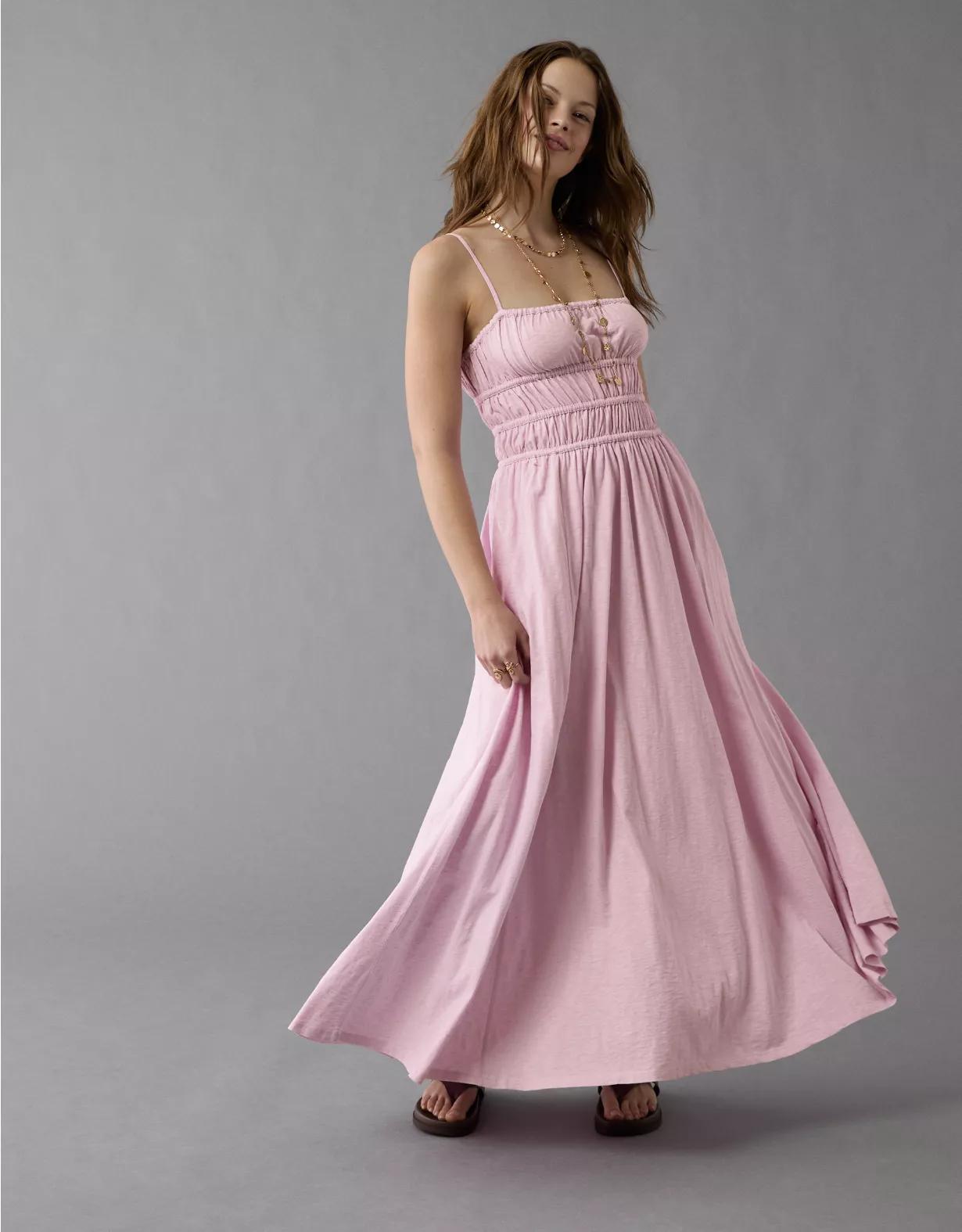 AE Sunchaser Knit Smocked Bodice Striped Midi Dress Product Image