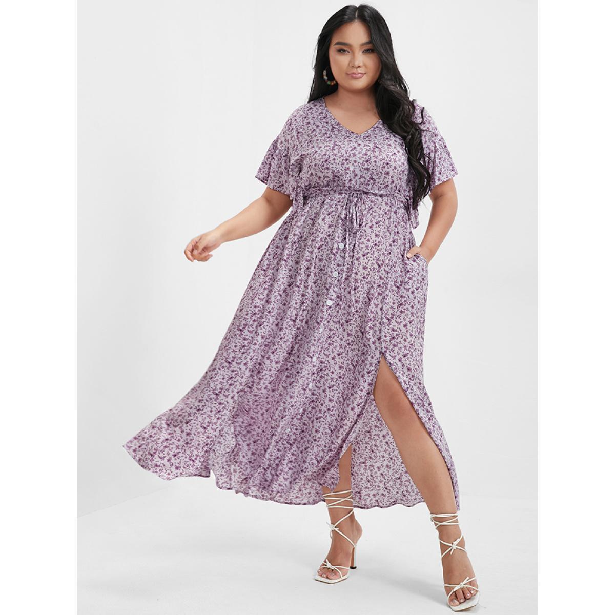 Plus Size Ditsy Floral Ruffles Pocket Button Split Maxi Dress Plum Women Elegant Printed V-neck Cap Sleeve Curvy Long Dress BloomChic 28/5X Product Image