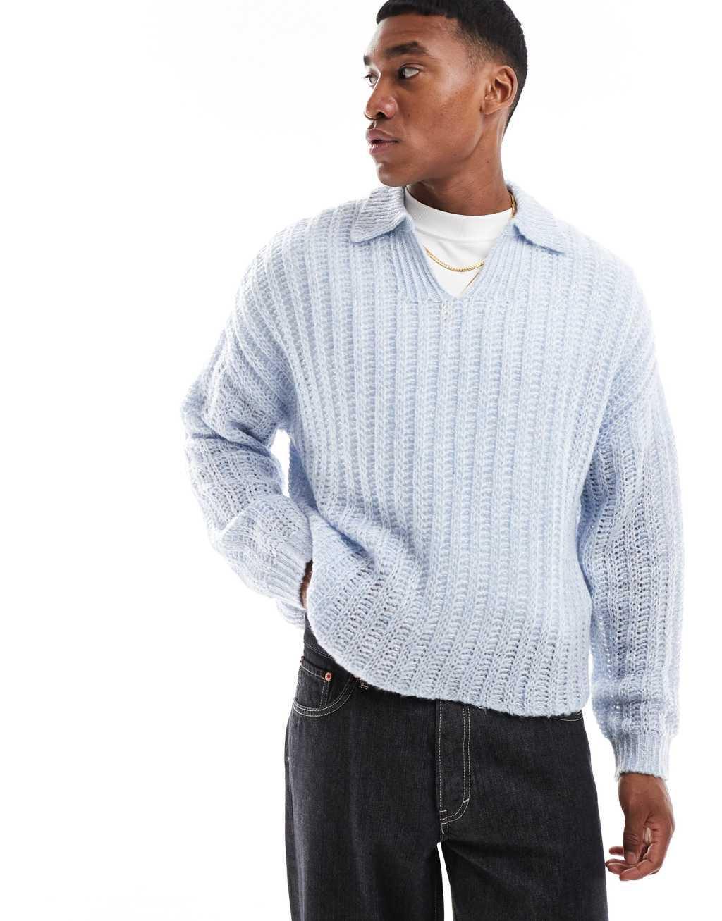 ASOS DESIGN oversized open knit brushed rib notch neck sweater in light blue Product Image