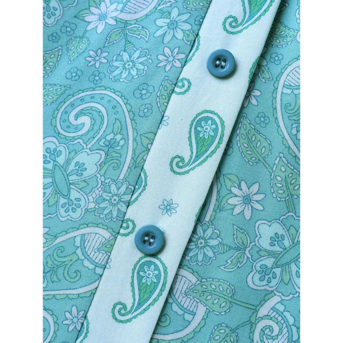 Plus Size Paisley Print Contrast Button Placket Midi Dress Mint Women Flat collar with V-notch Half Sleeve Curvy BloomChic 22-24/3X Product Image