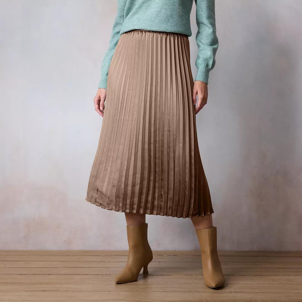 Womens LC Lauren Conrad Pleated Pull-On Midi Skirt Brown Silk Product Image