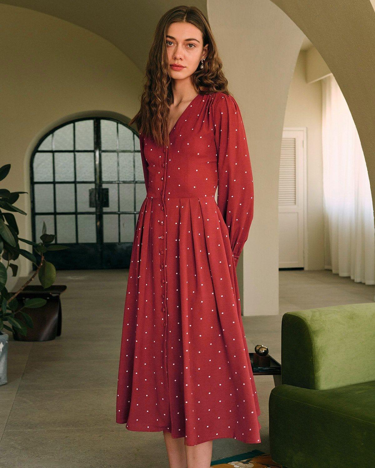 The Polka Dot Pleated Midi Dress Female Product Image