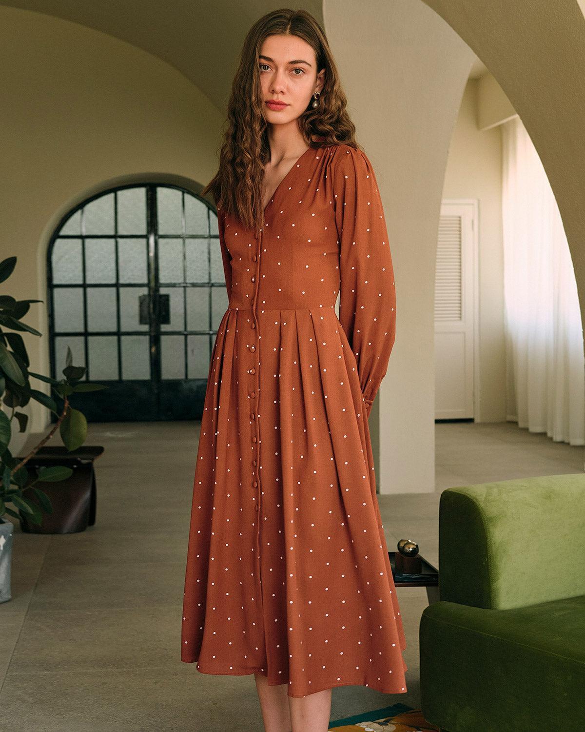 Brown Polka Dot Pleated Midi Dress Female Product Image