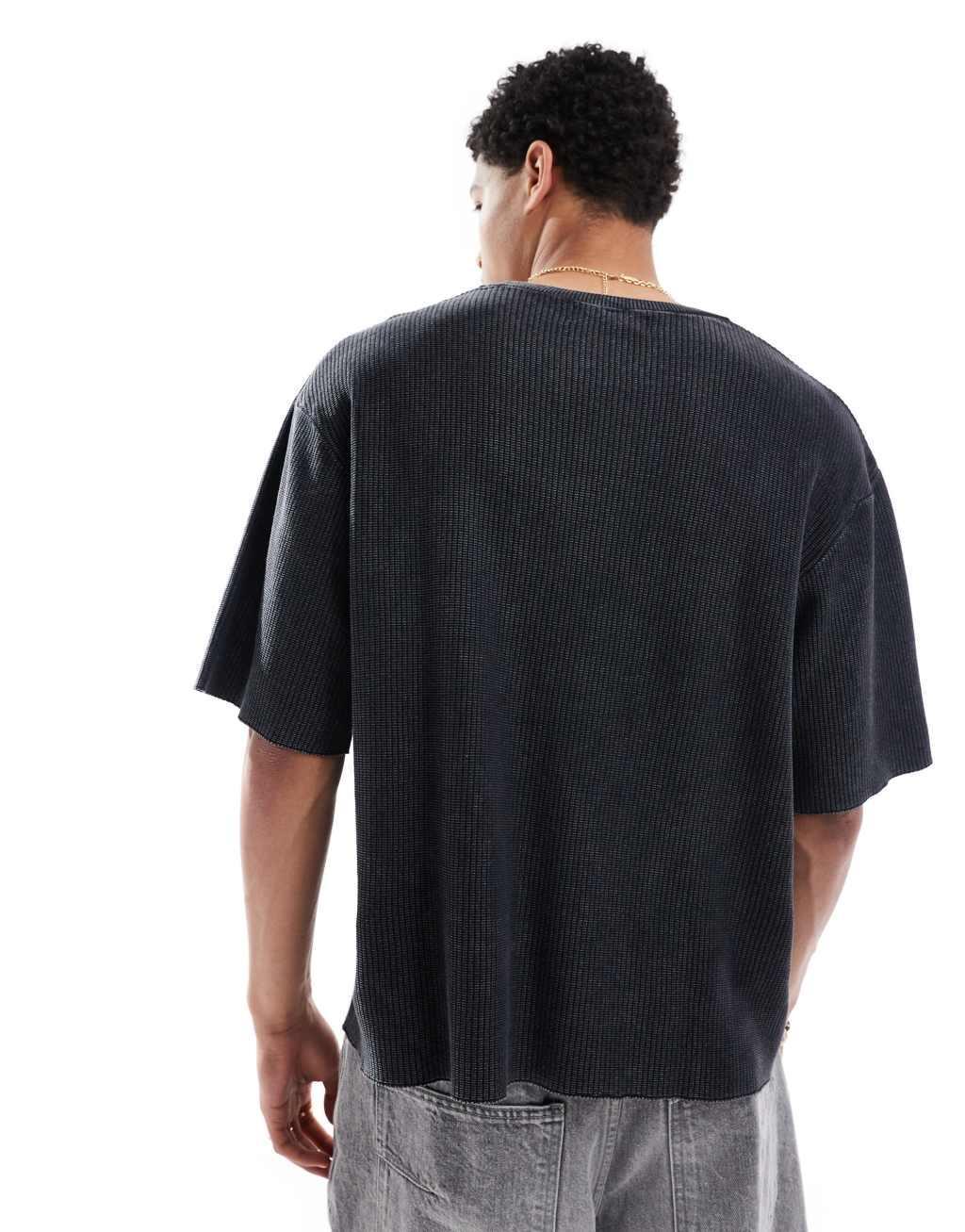 Pull&Bear STWD waffle texture oversized t-shirt in washed gray Product Image