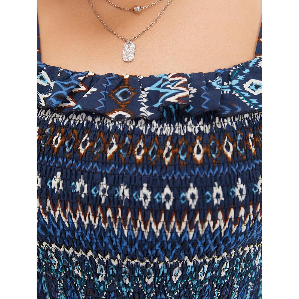Plus Size DarkBlue Boho Print Shirred Pocket Elastic Wais Ruffle Trim Cami Jumpsuit Women Elegant Sleeveless Spaghetti Strap Dailywear Loose Jumpsuits BloomChic 18-20/2X Product Image