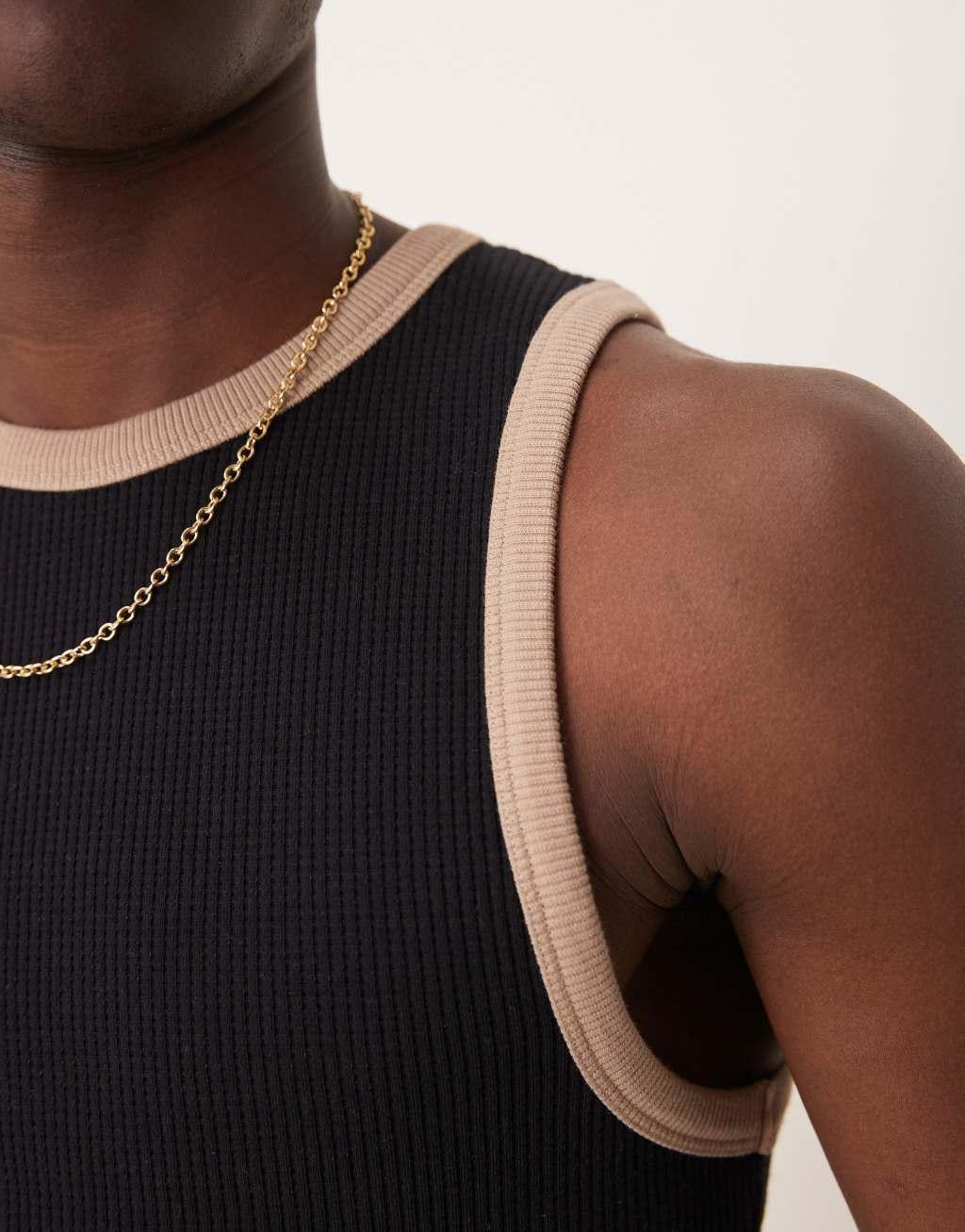 ASOS DESIGN muscle fit waffle tank top with contrast seam in black Product Image