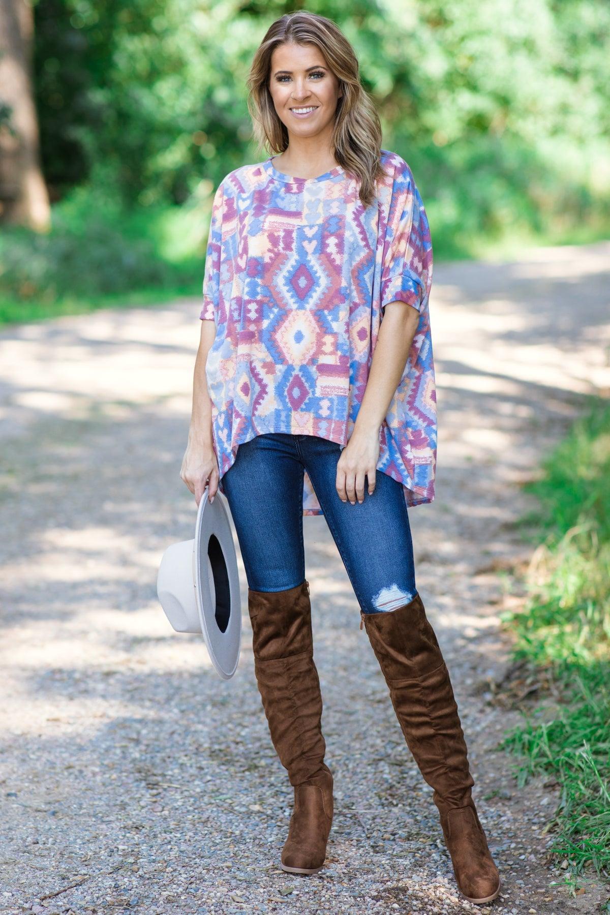 Dusty Rose and Peach Aztec Print Top Product Image