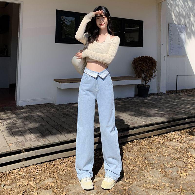 High Rise Folded Waistline Washed Straight-Fit Wide-Leg Jeans Product Image