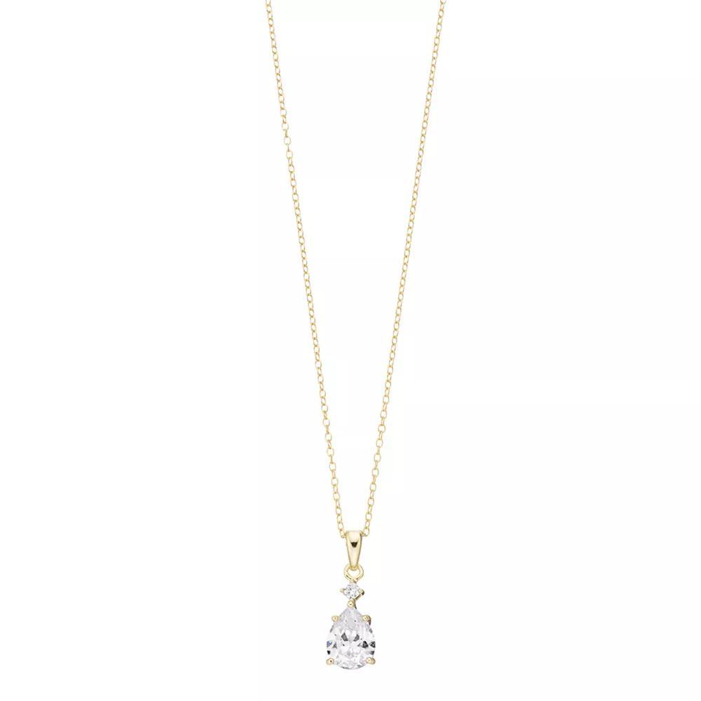 14k Gold Plated with Cubic Zirconia Raindrop Pear 2-Stone Pendant Necklace, Womens Gold Tone Product Image