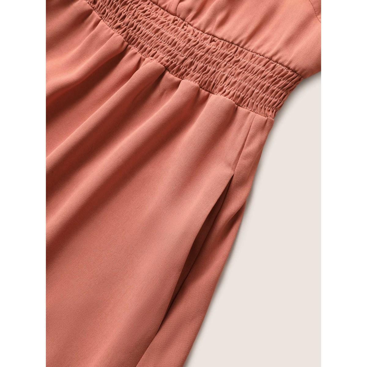 Plus Size Plain Laser Cut Shirred Wrap Tank Dress Coral Women Elegant Overlapping Overlap Collar Sleeveless Curvy Midi Dress BloomChic 14-16/1X Product Image