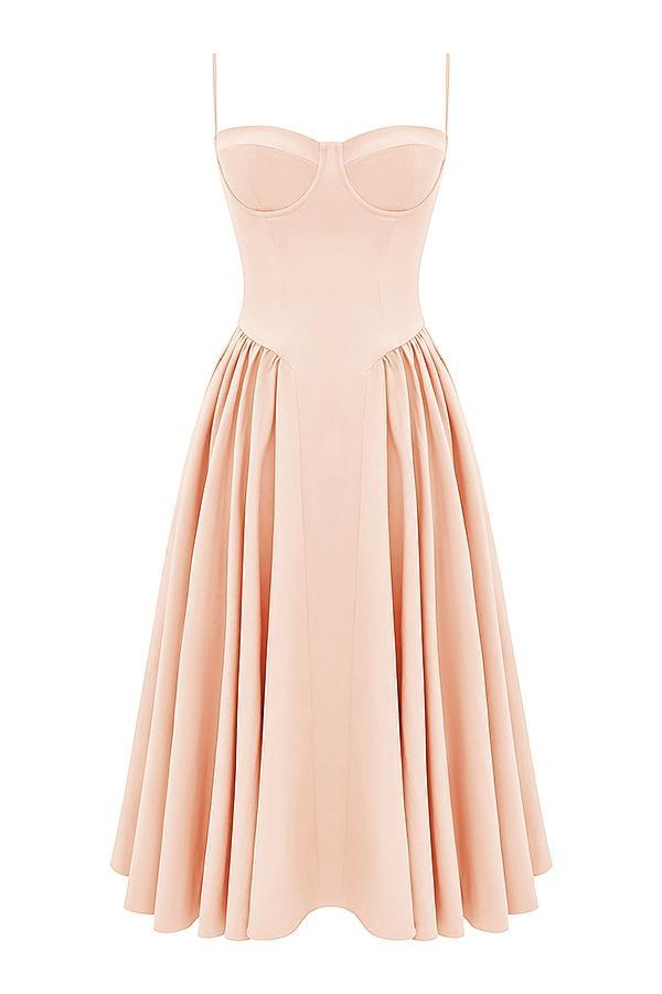 Samaria Peach Parfait Twill Corset Midi Dress Product Image