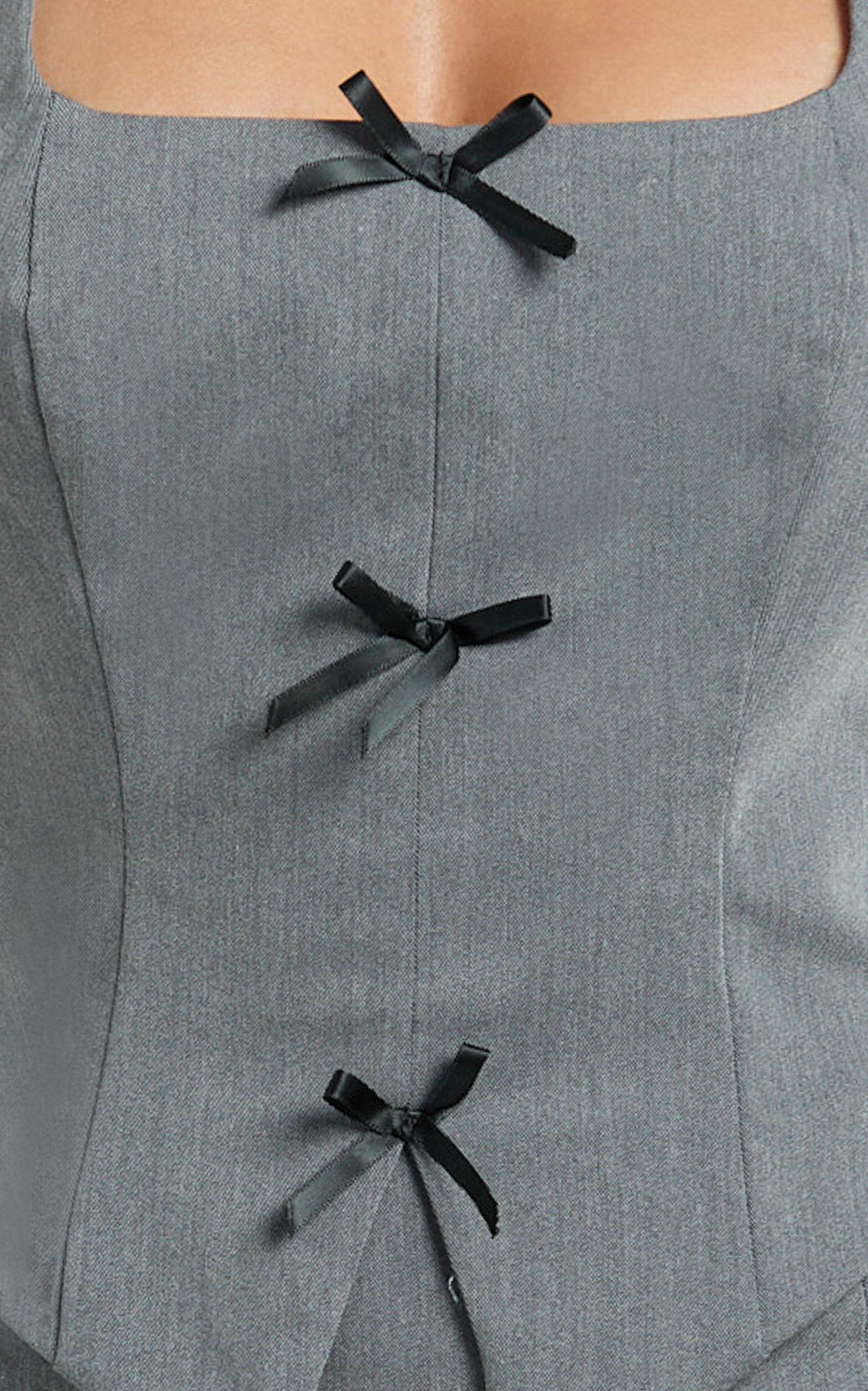 Cartia Two Piece Set - Bow Front Square Neck Vest And Fitted Double Leg Split Skirt Set in Grey Product Image