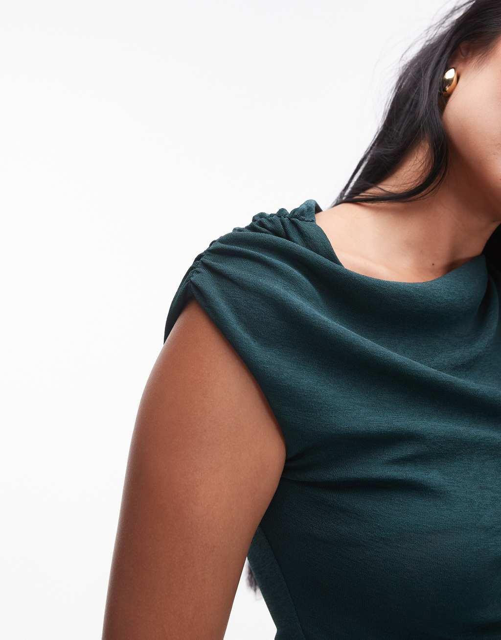 Topshop asymmetric knot shoulder top in dark green Product Image