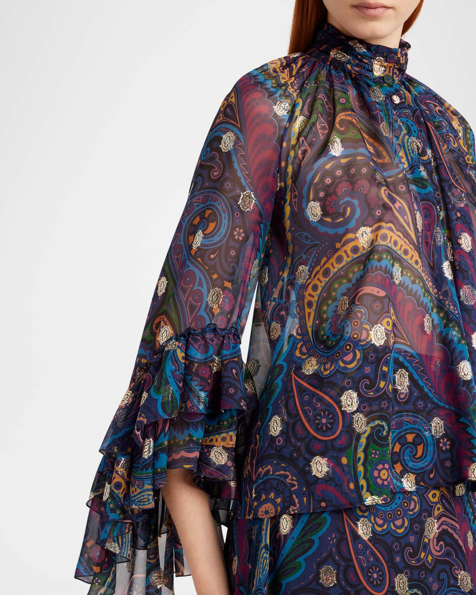 Emerald Paisley Ruffle Fil Coupe Blouse Product Image