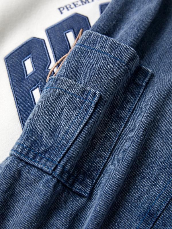 Denim Splice Letter Print Lapel Neck Oversized Hoodie Product Image