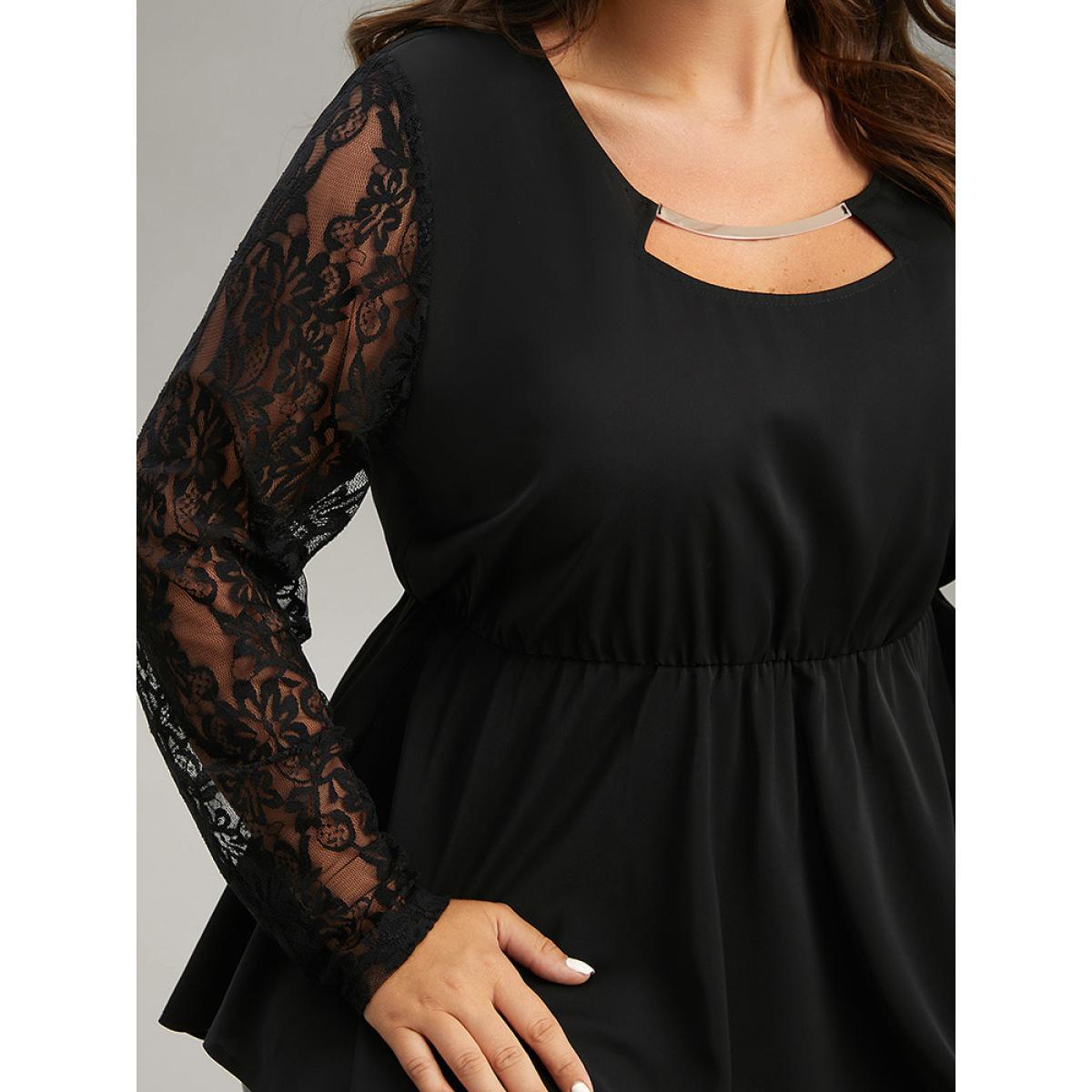 Plus Size Black Guipure Lace Metal Detail Cut Out Hanky Hem Blouse Women Glamour Long Sleeve Round Neck Party Blouses BloomChic 12/L Product Image