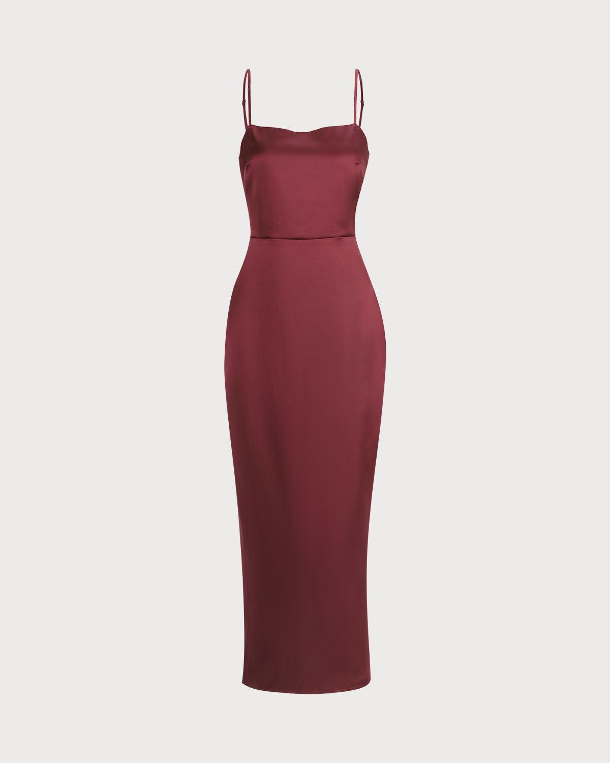 The Red Back Slit Satin Sling Maxi Dress Female Product Image