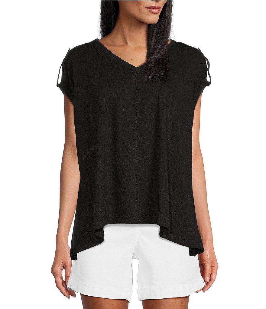 Westbound Knit V-Neck Short Sleeve High-Low Hem Top Product Image
