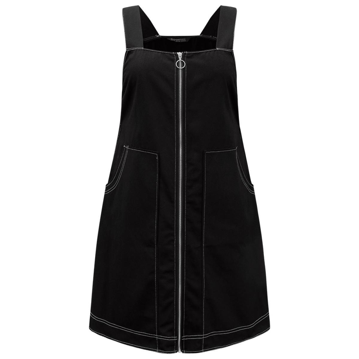 Plus Size Twill O Ring Zipper Pocket Spaghetti Strap Dress Black Women Casual Plain Spaghetti Strap Sleeveless Curvy Midi Dress BloomChic 30/6X Product Image