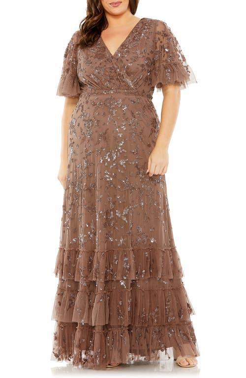 Womens Plus Size Flutter Sleeve Faux Wrap Gown Product Image