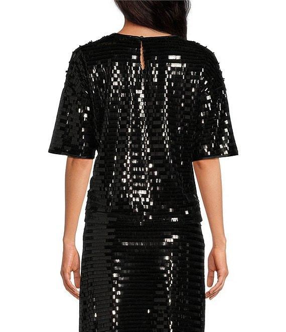 Le' AL.X Sequin Knit Round Neck Short Sleeve Back Keyhole Cropped Coordinating Tee Shirt Product Image