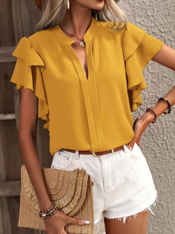 Loose Ruffle Sleeves Ruffle Trim Solid Color V-Neck Blouses&Shirts Tops Product Image