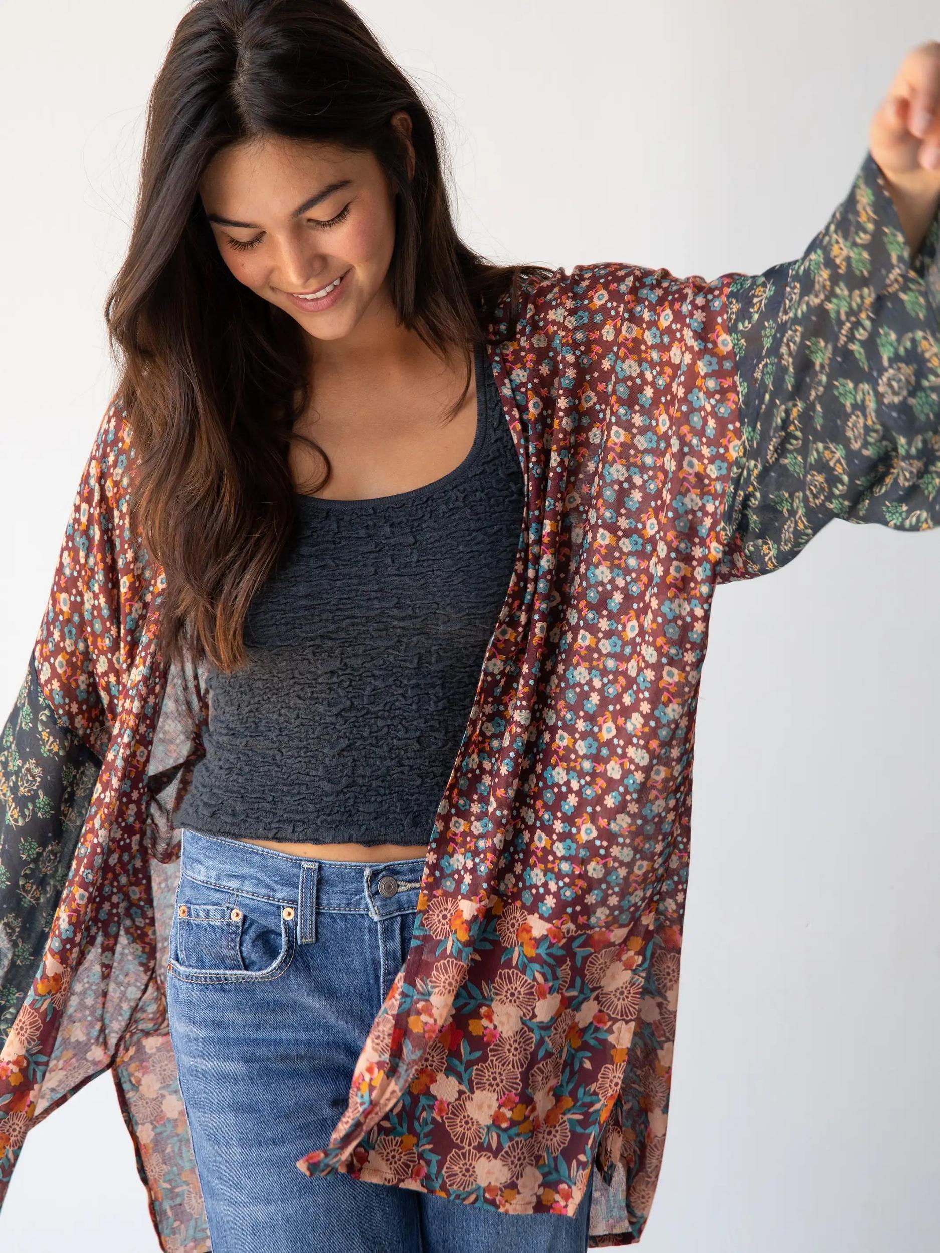 Sierra Mixed Print Kimono - Brown Teal Floral Product Image