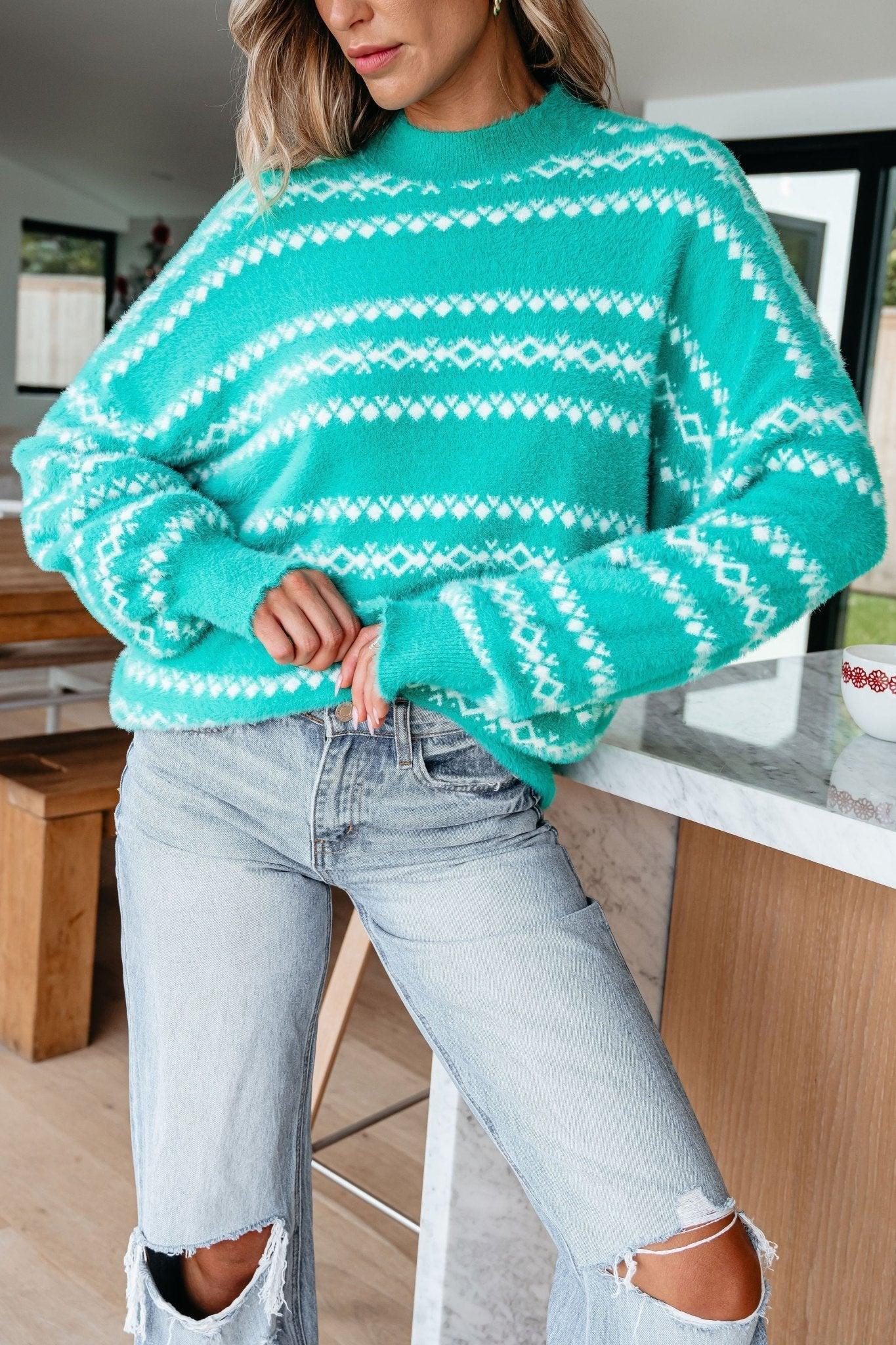 Green Fuzzy Soft Print Sweater - FINAL SALE Product Image