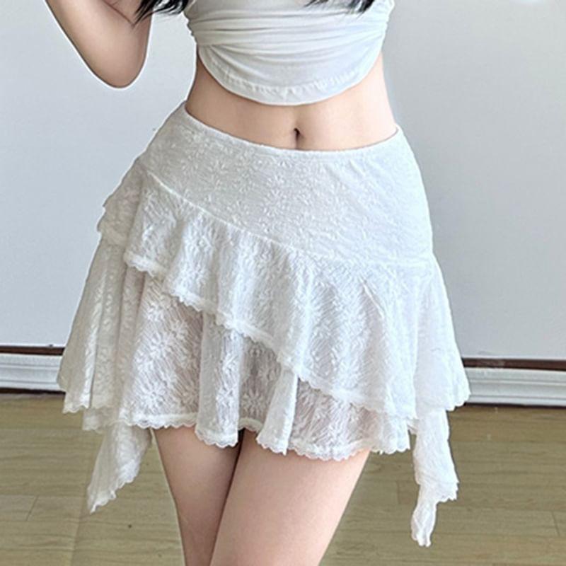 Low Waist Asymmetrical Mini A-Line Lace Layered Skirt Product Image
