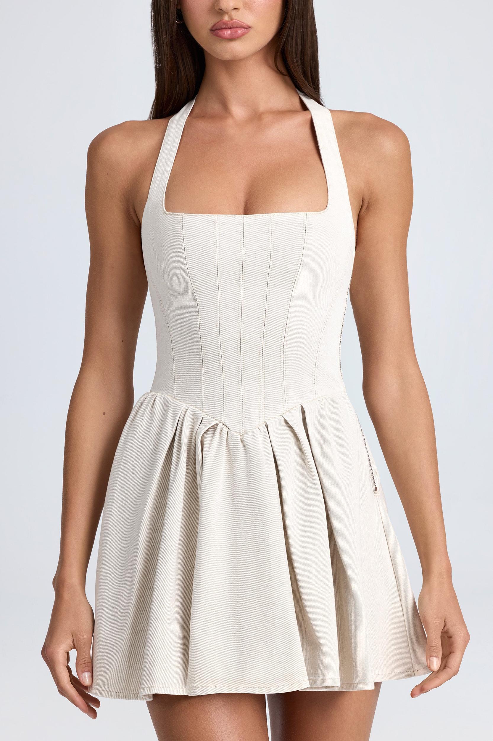 Halterneck Corset Micro Mini Dress in Ecru Product Image