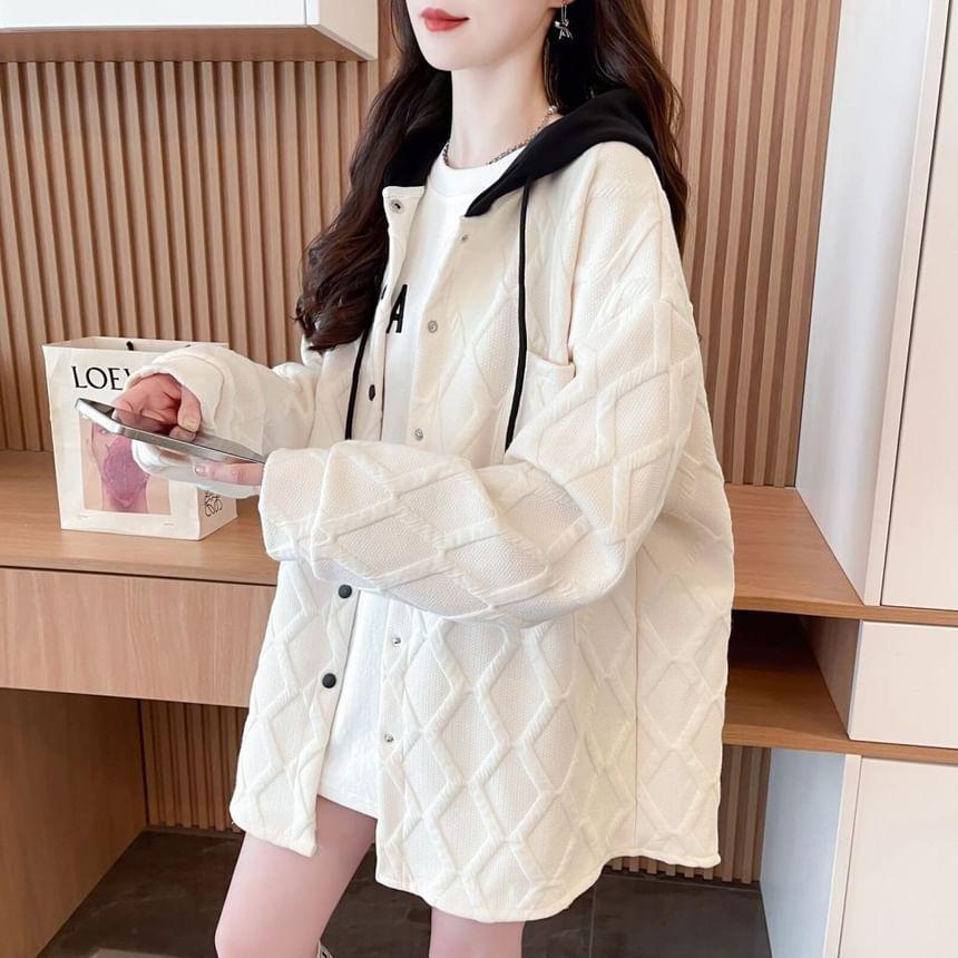 Two Tone Drawstring Hooded Button Jacket Product Image